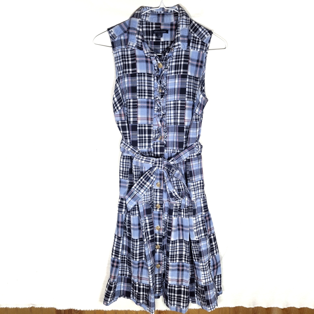 Tommy Hilfiger blue plaid dress sleeveless sundress belted button patriotic 4
